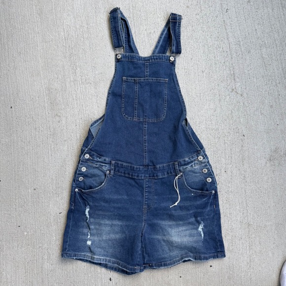 Gemma Rae Denim - Gemma Rae Denim Short Overalls Medium Distressed Stretch Bib Romper Blue